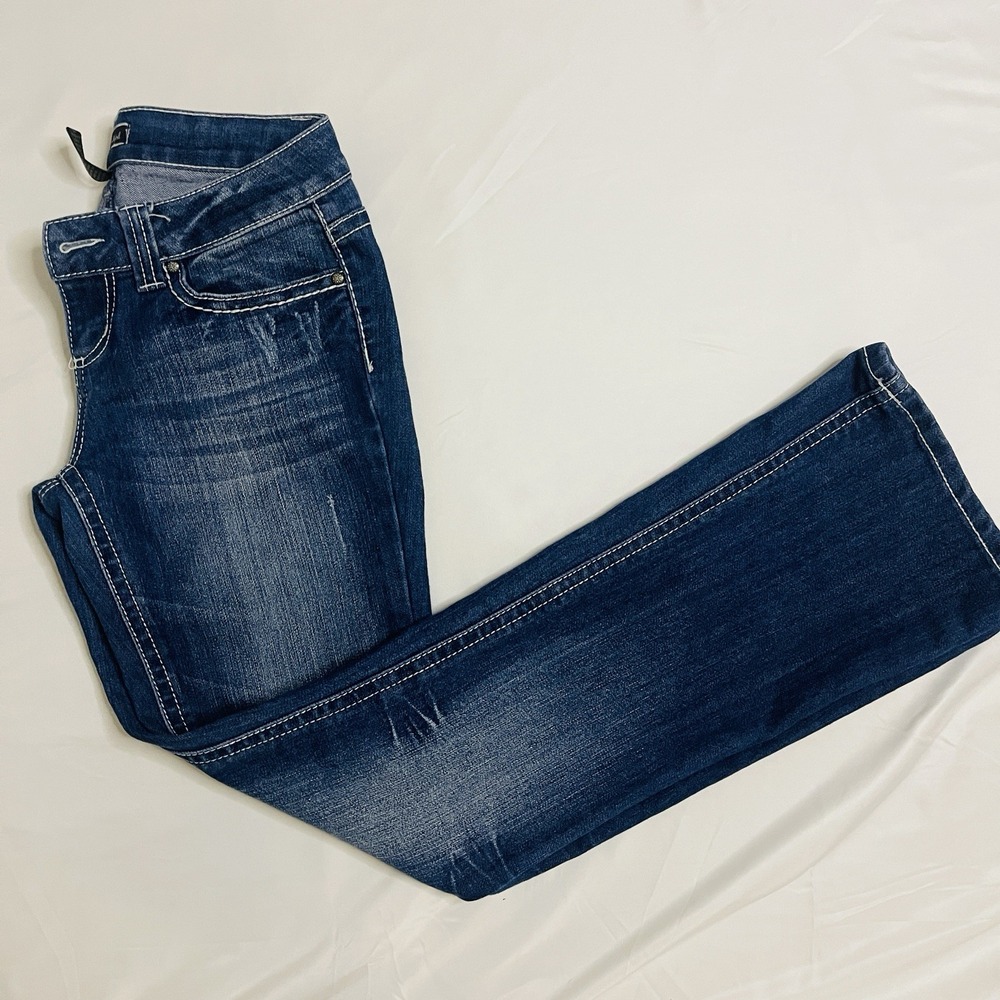Soundgirl Junior Jeans Size 5 Bootcut Low  Rise Y2K Dark Wash White Stitch